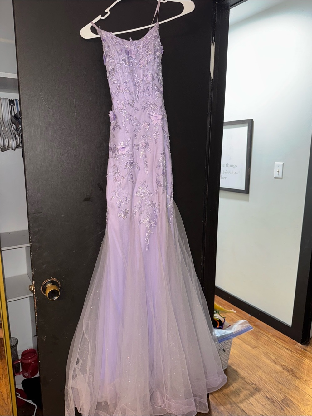 David's Bridal Lavender Lace Appliqué Tulle Mermaid Gown